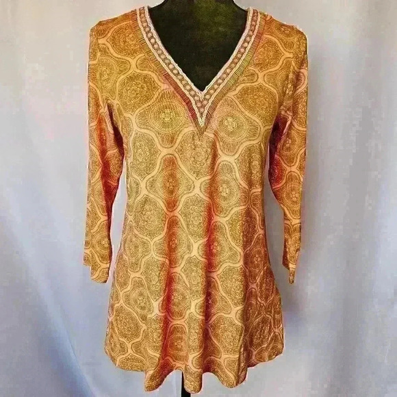 Soft Surroundings Tops - ✨Like New✨ Soft Surroundings Lilia Beaded V-Neck Tunic, Orange/Tan, Size XS